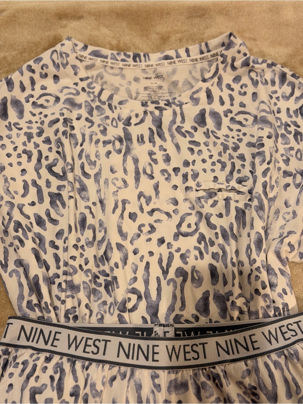Nine West White Top with Blue Leopard Print and Logo Waistband